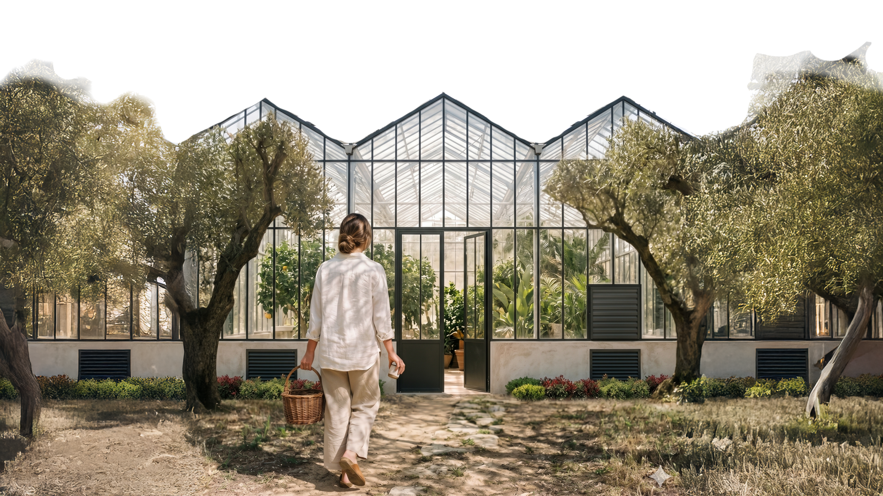 A woman walking toward a glasshouse in morning light