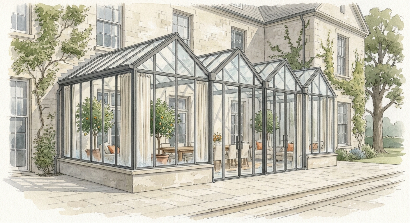 Small conservatory attached to a home, winter garden and seating