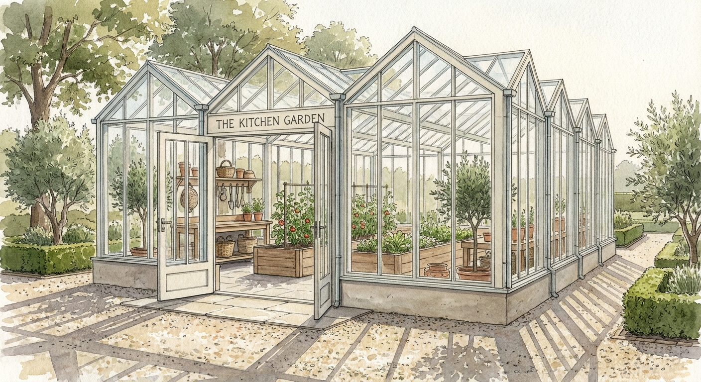 Medium productive glasshouse filled with tomatoes, herbs, and kitchen crops