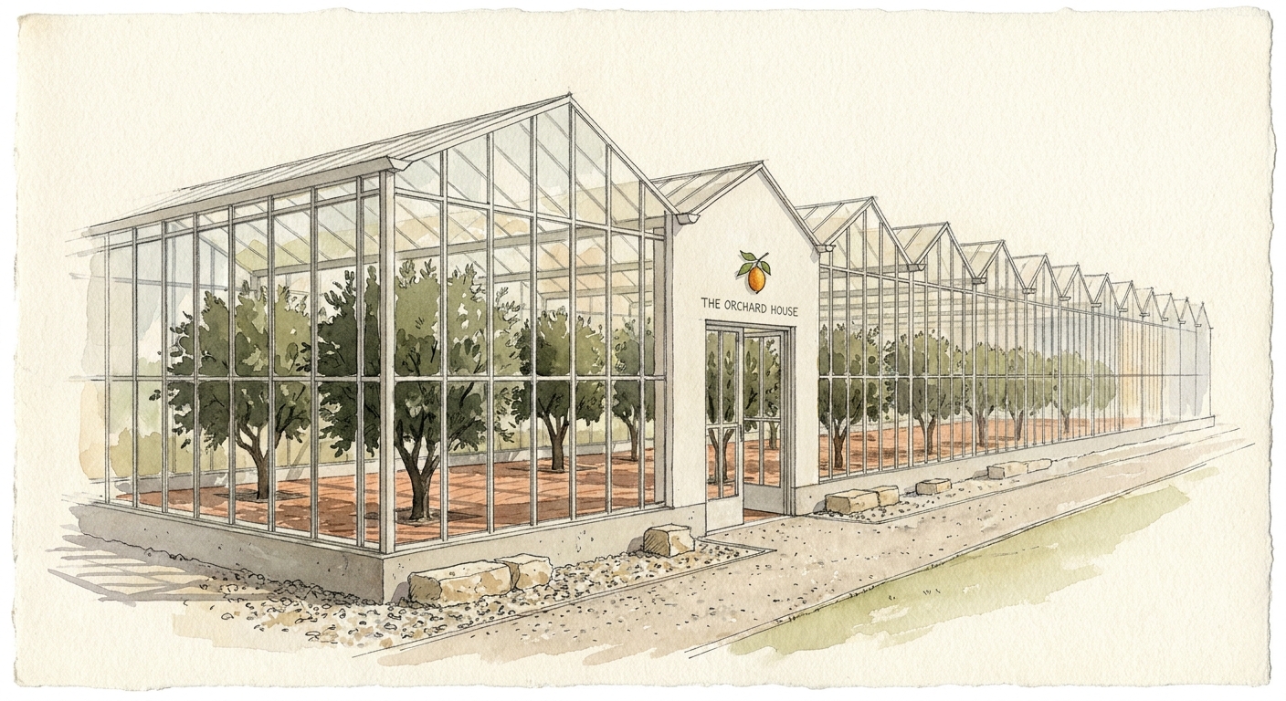 Large free-standing glasshouse among orchard trees, gable form