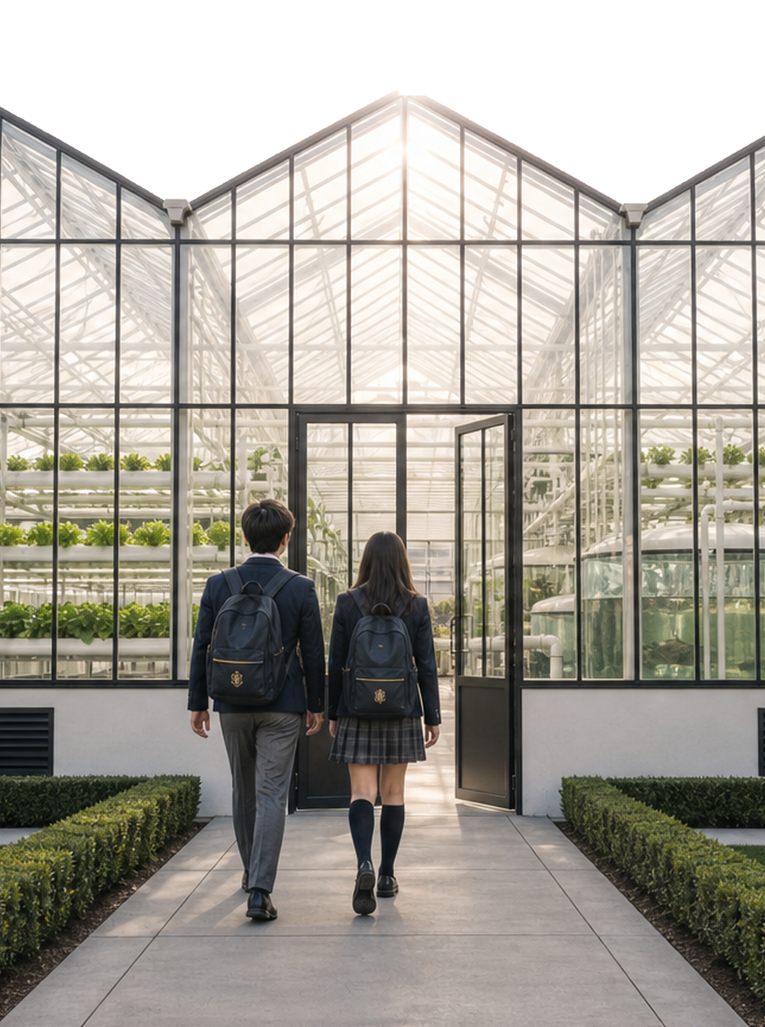 Two students walking toward a campus glasshouse with aquaponics growing systems inside